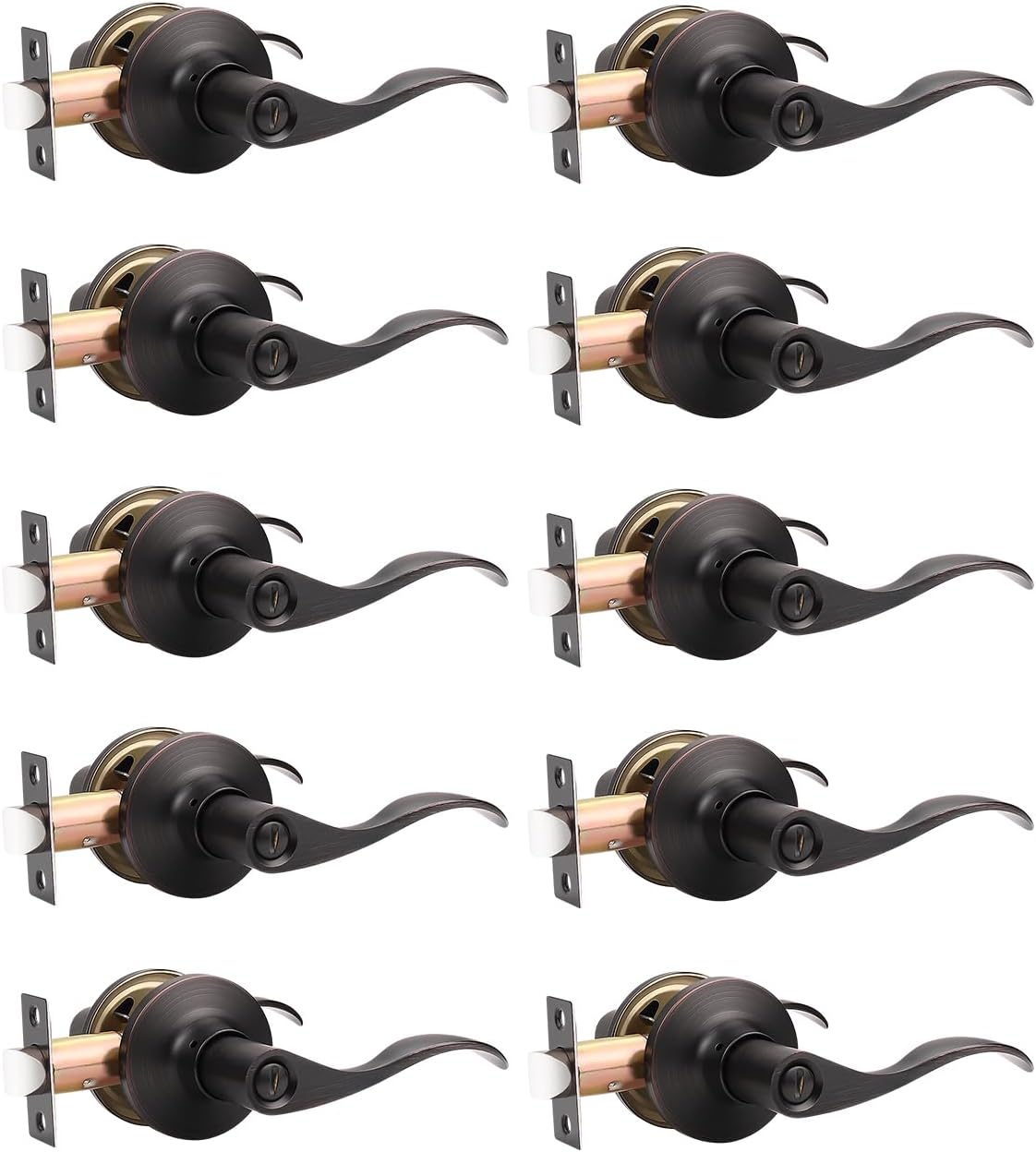 10 Pack Oil Rubbed Bronze Privacy Door Handle Set for Bedroom and Bathroom - Reversible Wave Lever Handles