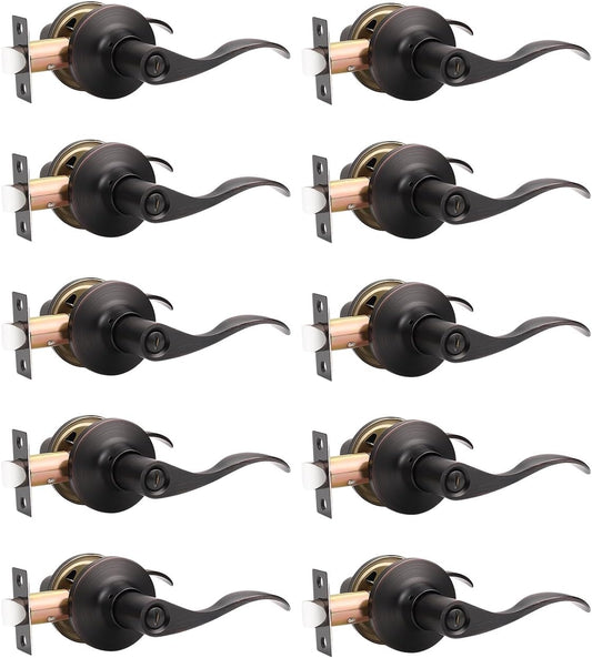 10 Pack Oil Rubbed Bronze Privacy Door Handle Set for Bedroom and Bathroom - Reversible Wave Lever Handles