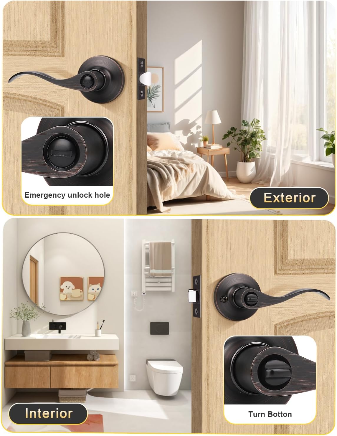 10 Pack Oil Rubbed Bronze Privacy Door Handle Set for Bedroom and Bathroom - Reversible Wave Lever Handles