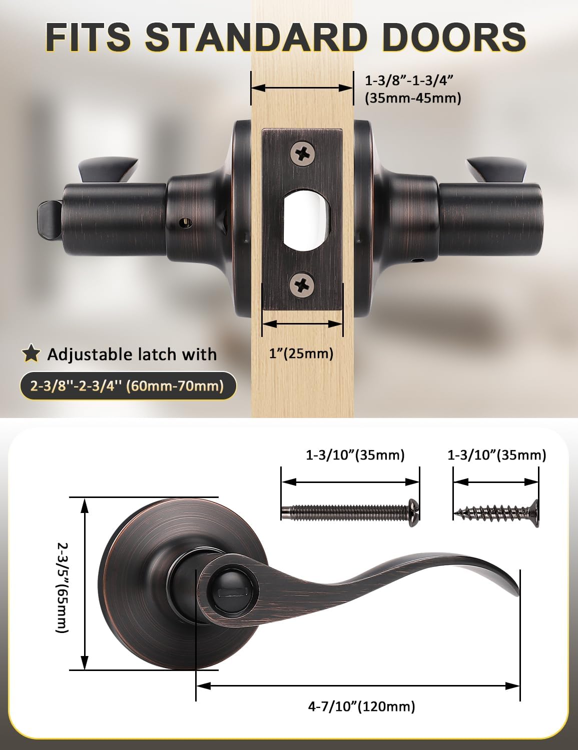 10 Pack Oil Rubbed Bronze Privacy Door Handle Set for Bedroom and Bathroom - Reversible Wave Lever Handles