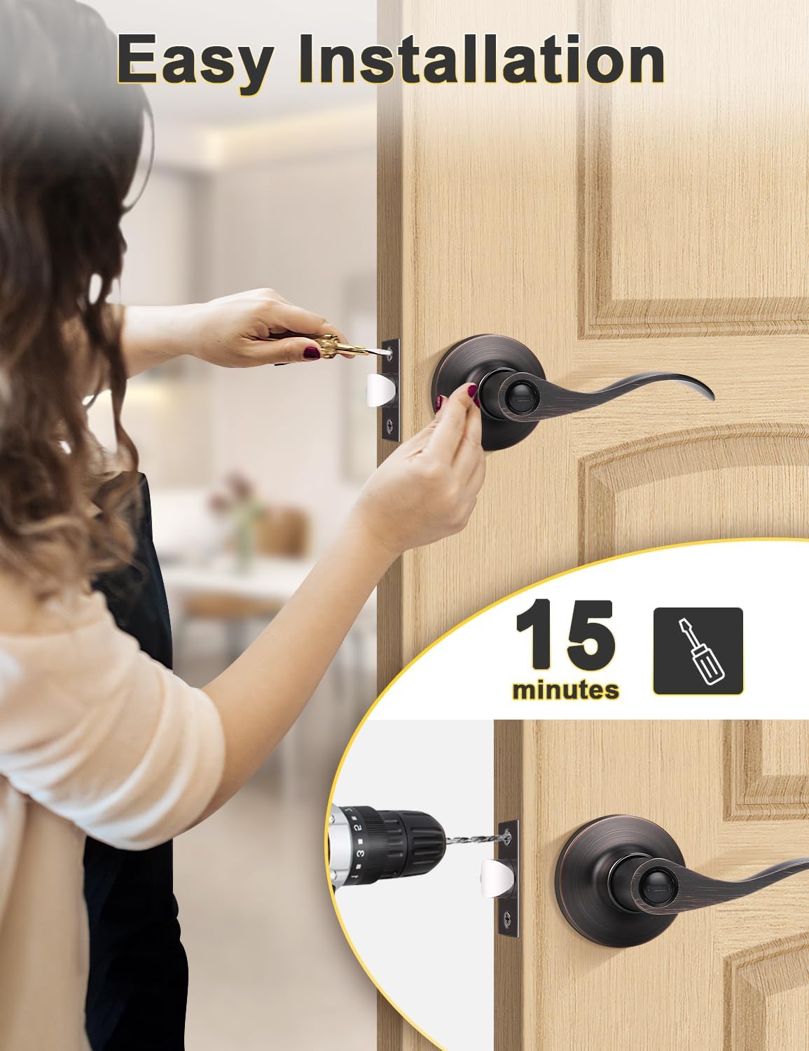 10 Pack Oil Rubbed Bronze Privacy Door Handle Set for Bedroom and Bathroom - Reversible Wave Lever Handles