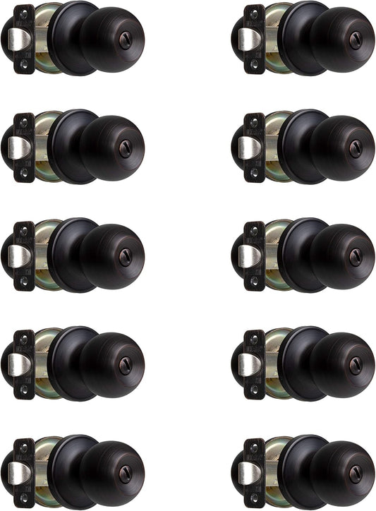 10 Pack Oil Rubbed Bronze Privacy Door Knobs for Bed and Bath - Ball Style Interior Keyless Turn Locking Round Handle