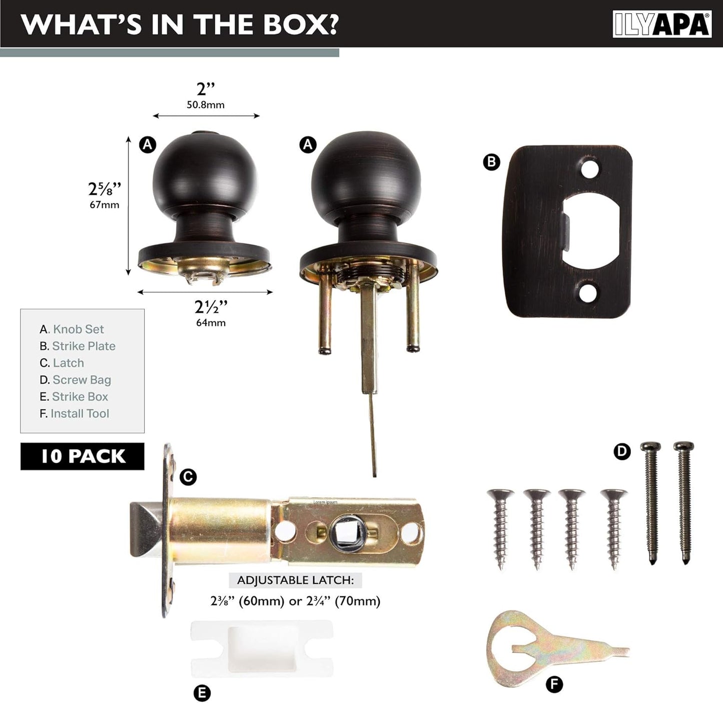 10 Pack Oil Rubbed Bronze Privacy Door Knobs for Bed and Bath - Ball Style Interior Keyless Turn Locking Round Handle