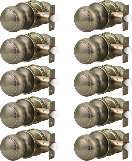 10 Pack Probrico Antique Brass Round Door Knobs Passage Locks for Closets and Hallways - Keyless Lockset - WildKart