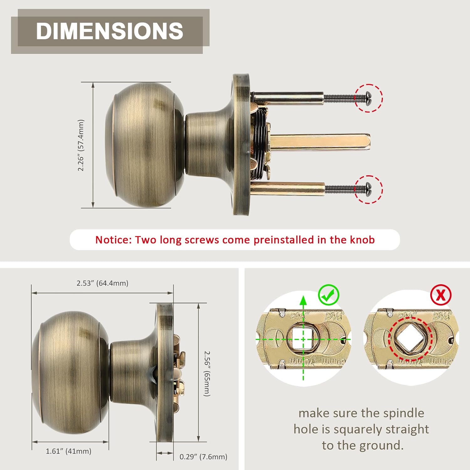 10 Pack Probrico Antique Brass Round Door Knobs Passage Locks for Closets and Hallways - Keyless Lockset - WildKart