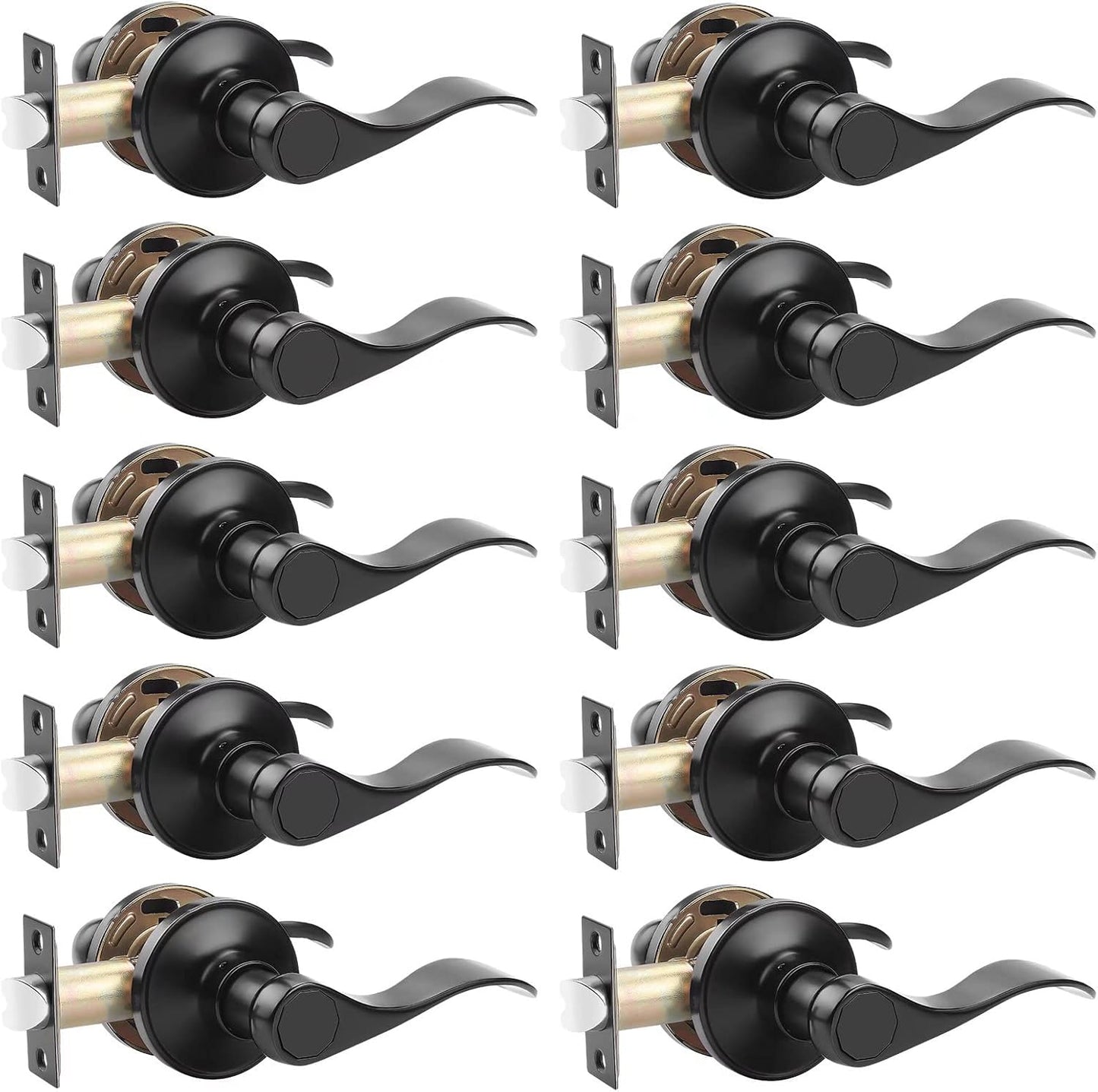 10 Pack Probrico Passage Door Lever Set, Keyless Non-Locking Black Finish Wave Door Handle for Hallway/Closets - Reversible Right/Left Hand