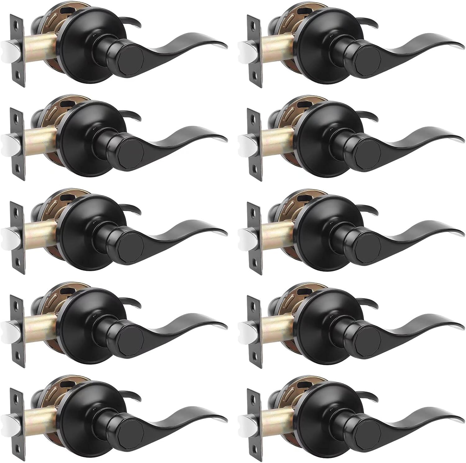 10 Pack Probrico Passage Door Lever Set, Keyless Non-Locking Black Finish Wave Door Handle for Hallway/Closets - Reversible Right/Left Hand