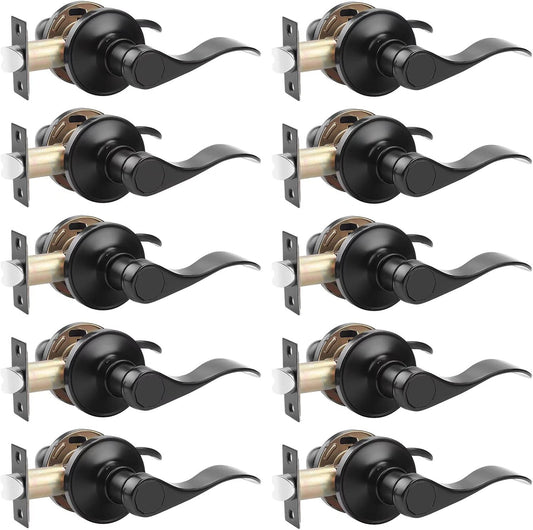 10 Pack Probrico Passage Door Lever Set, Keyless Non-Locking Black Finish Wave Door Handle for Hallway/Closets - Reversible Right/Left Hand