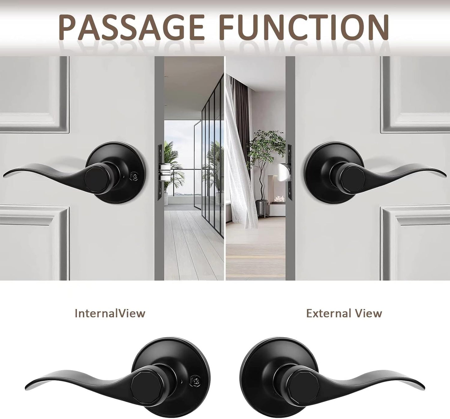 10 Pack Probrico Passage Door Lever Set, Keyless Non-Locking Black Finish Wave Door Handle for Hallway/Closets - Reversible Right/Left Hand