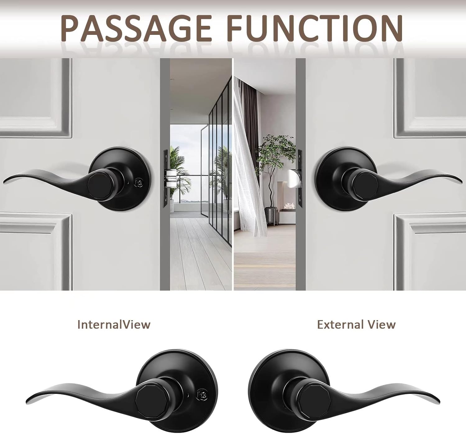10 Pack Probrico Passage Door Lever Set, Keyless Non-Locking Black Finish Wave Door Handle for Hallway/Closets - Reversible Right/Left Hand