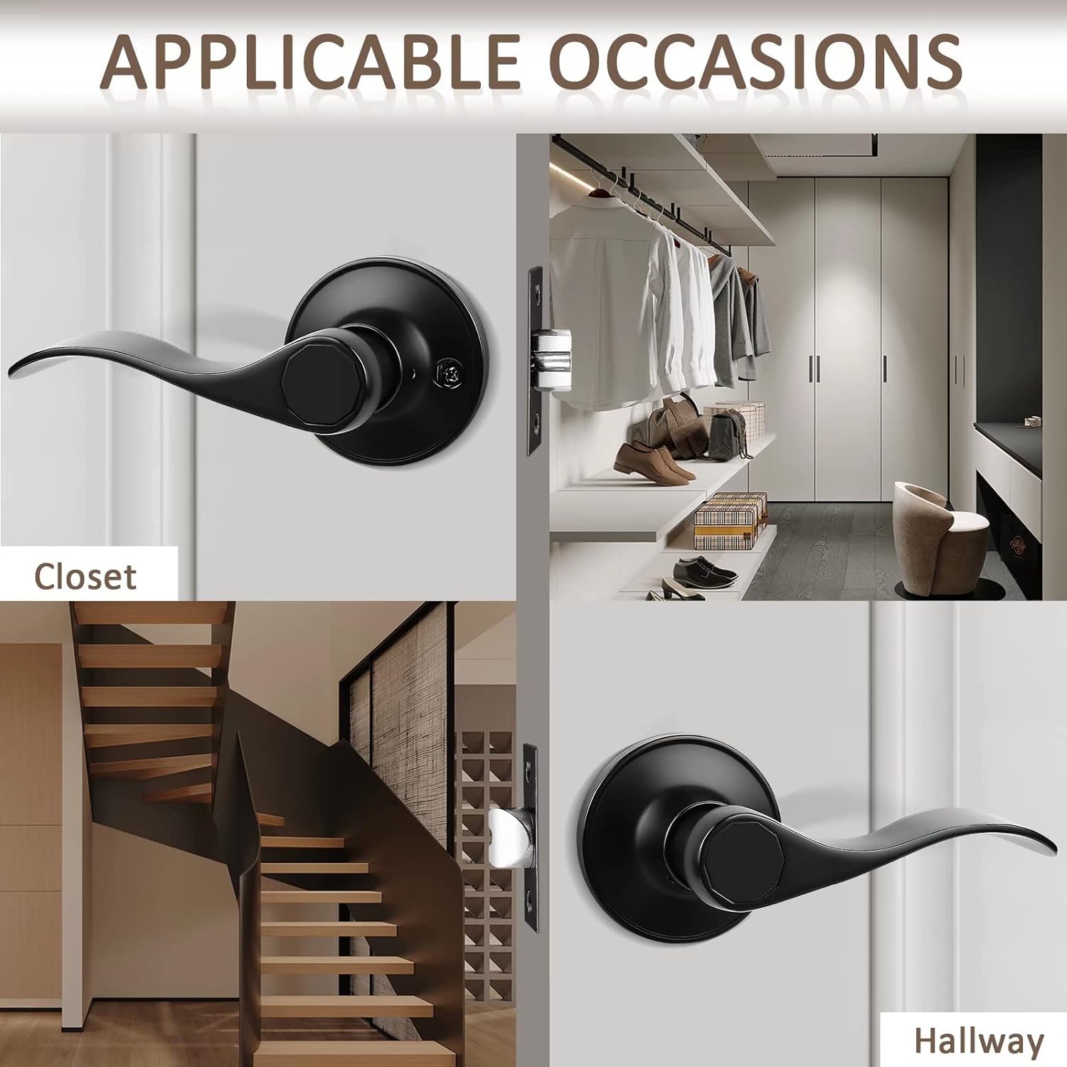 10 Pack Probrico Passage Door Lever Set, Keyless Non-Locking Black Finish Wave Door Handle for Hallway/Closets - Reversible Right/Left Hand