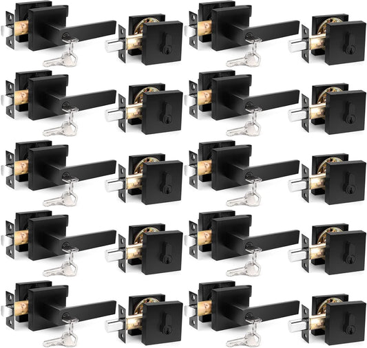 10 Pack Probrico Square Keyed Entry Levers and Deadbolts Combo, Flat Black Heavy Duty Locksets for Office, Bedroom, Front Door - Keyed Alike