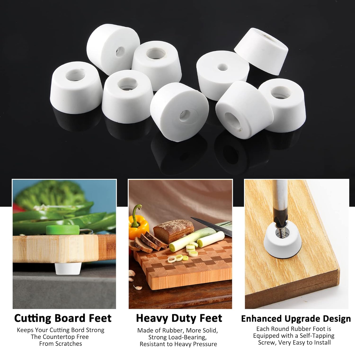 10 Pack Round White Rubber Non Slip Cutting Board Feet with Stainless Steel Screws - 0.51" x 0.98