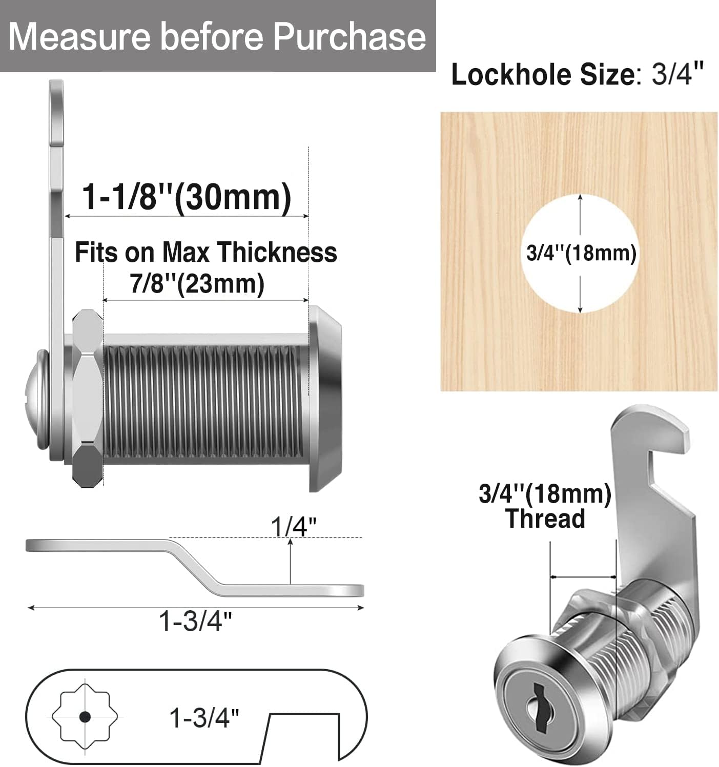 10 Pack Sartatue Cabinet Cam Locks Keyed Alike - 1-1/8'' for 7/8'' Max Door Thickness - Secure File Drawer Mailbox RV Storage - Zinc Alloy