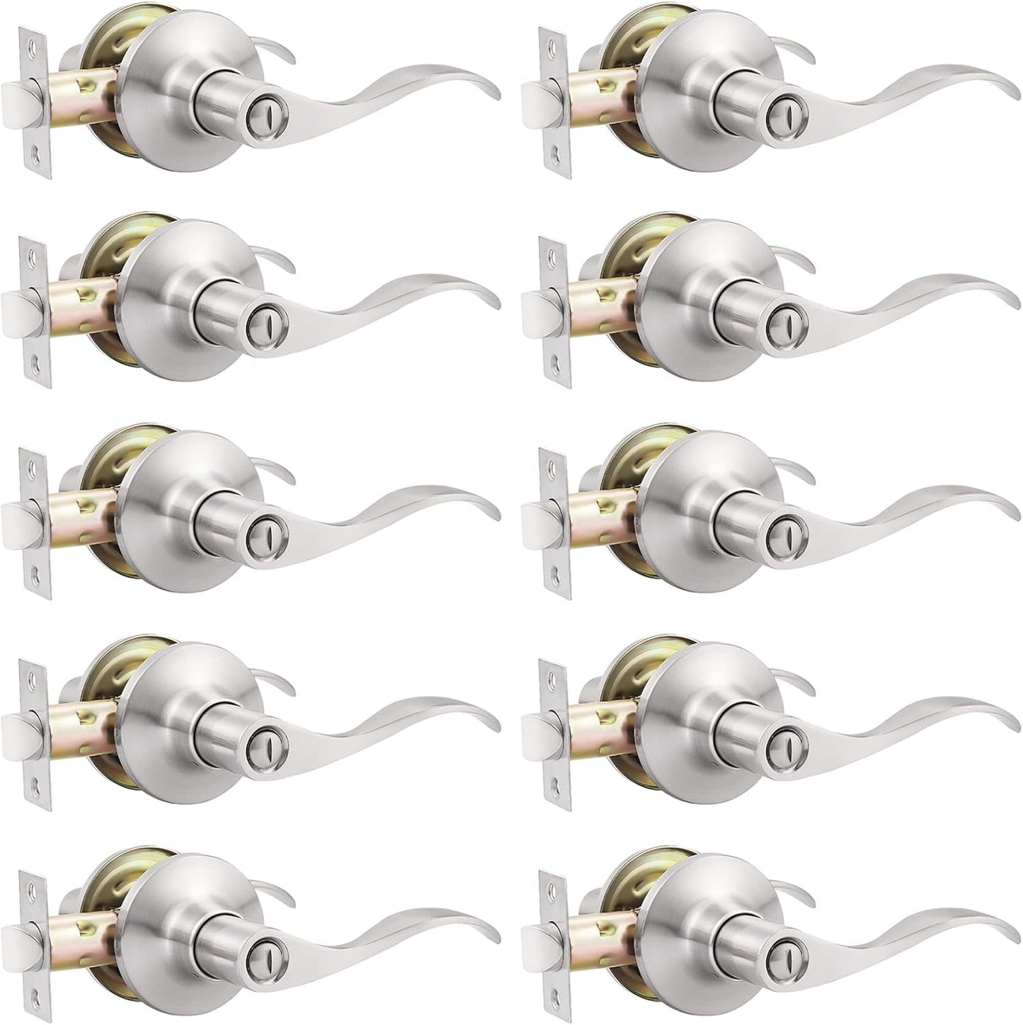 10 Pack Satin Nickel Privacy Door Levers with Keyless Lock - Interior Bedroom Handles for Wave Bed/Bath Lever