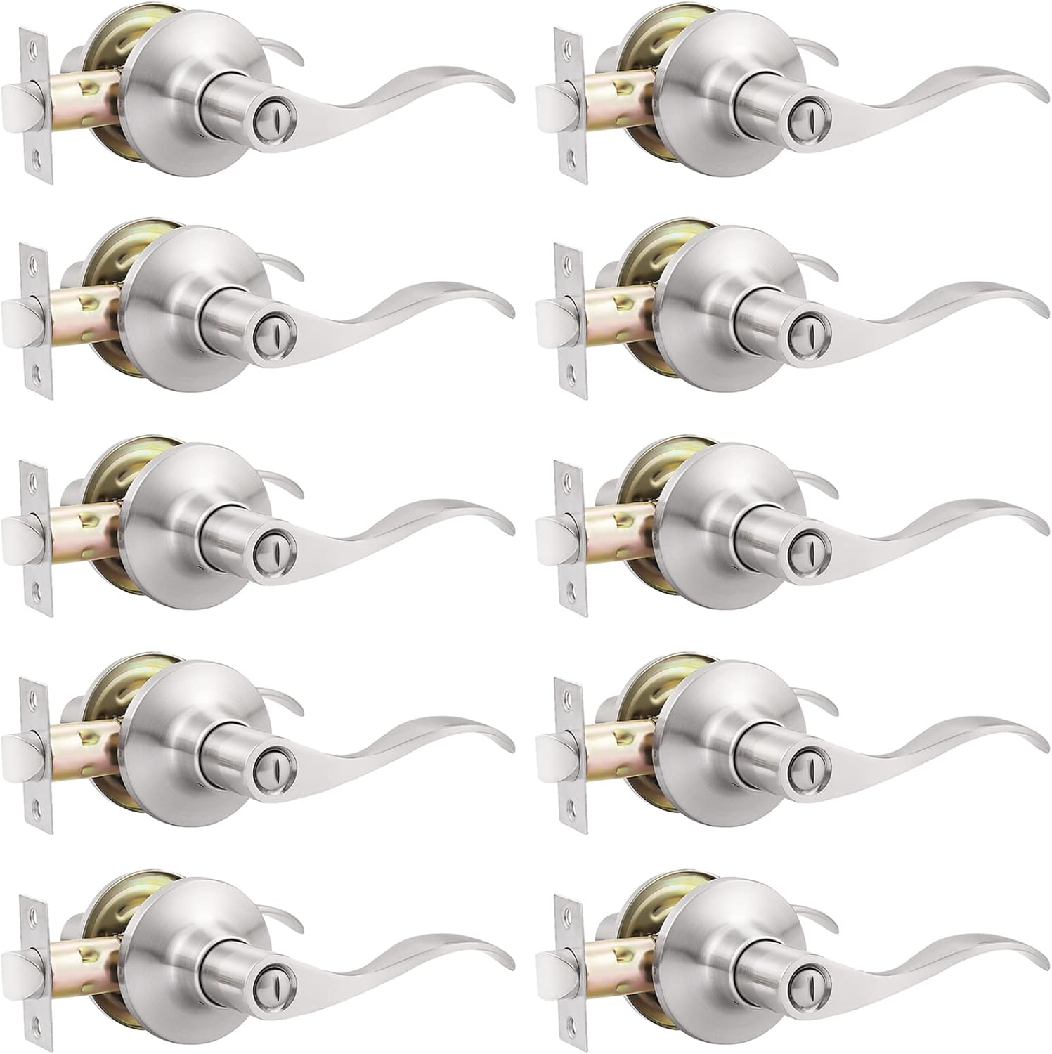 10 Pack Satin Nickel Privacy Door Levers with Keyless Lock - Interior Bedroom Handles for Wave Bed/Bath Lever