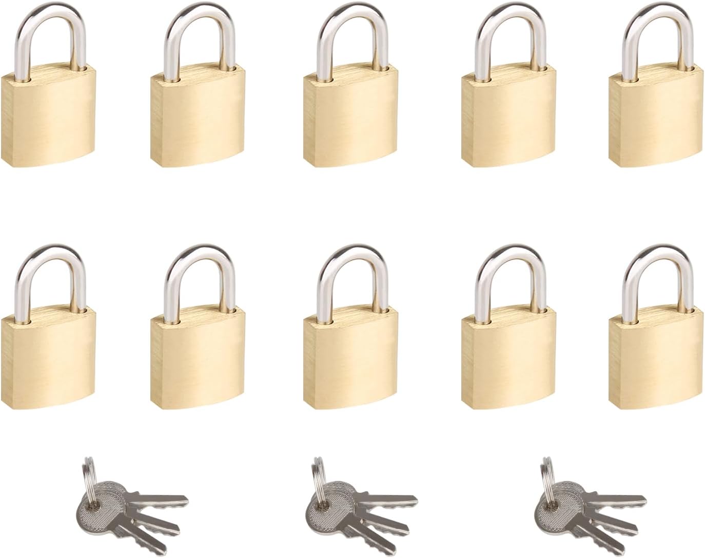 10-Pack Small Solid Brass Padlocks Keyed Alike - Mini Locks for Suitcases, Backpacks, Tool Boxes - 3/4" Wide Lock Body - Ideal for School Lockers and More