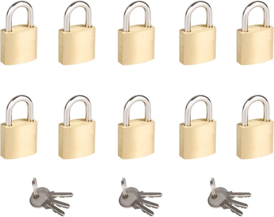 10-Pack Small Solid Brass Padlocks Keyed Alike - Mini Locks for Suitcases, Backpacks, Tool Boxes - 3/4" Wide Lock Body - Ideal for School Lockers and More