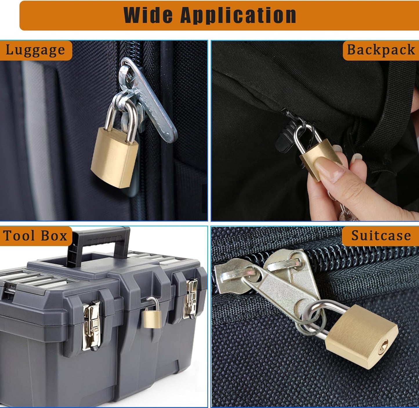 10-Pack Small Solid Brass Padlocks Keyed Alike - Mini Locks for Suitcases, Backpacks, Tool Boxes - 3/4" Wide Lock Body - Ideal for School Lockers and More