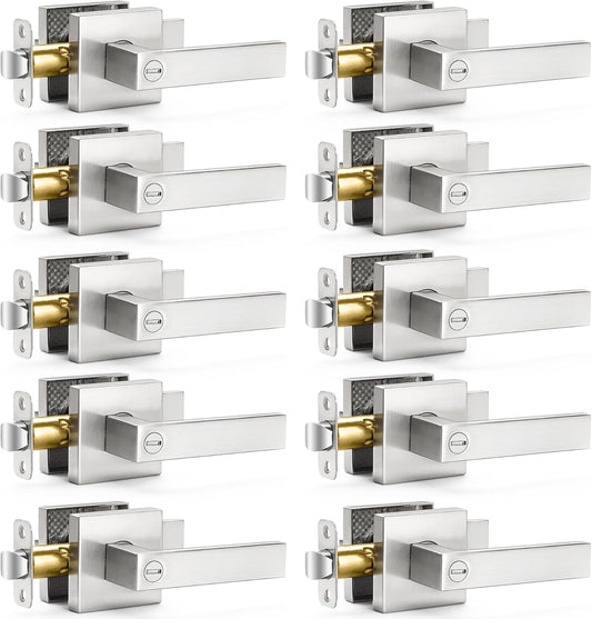 10 Pack Sopoby Privacy Door Levers with Keyless Interior Knobs - Heavy Duty Bedroom/Bathroom Locks in Satin Nickel