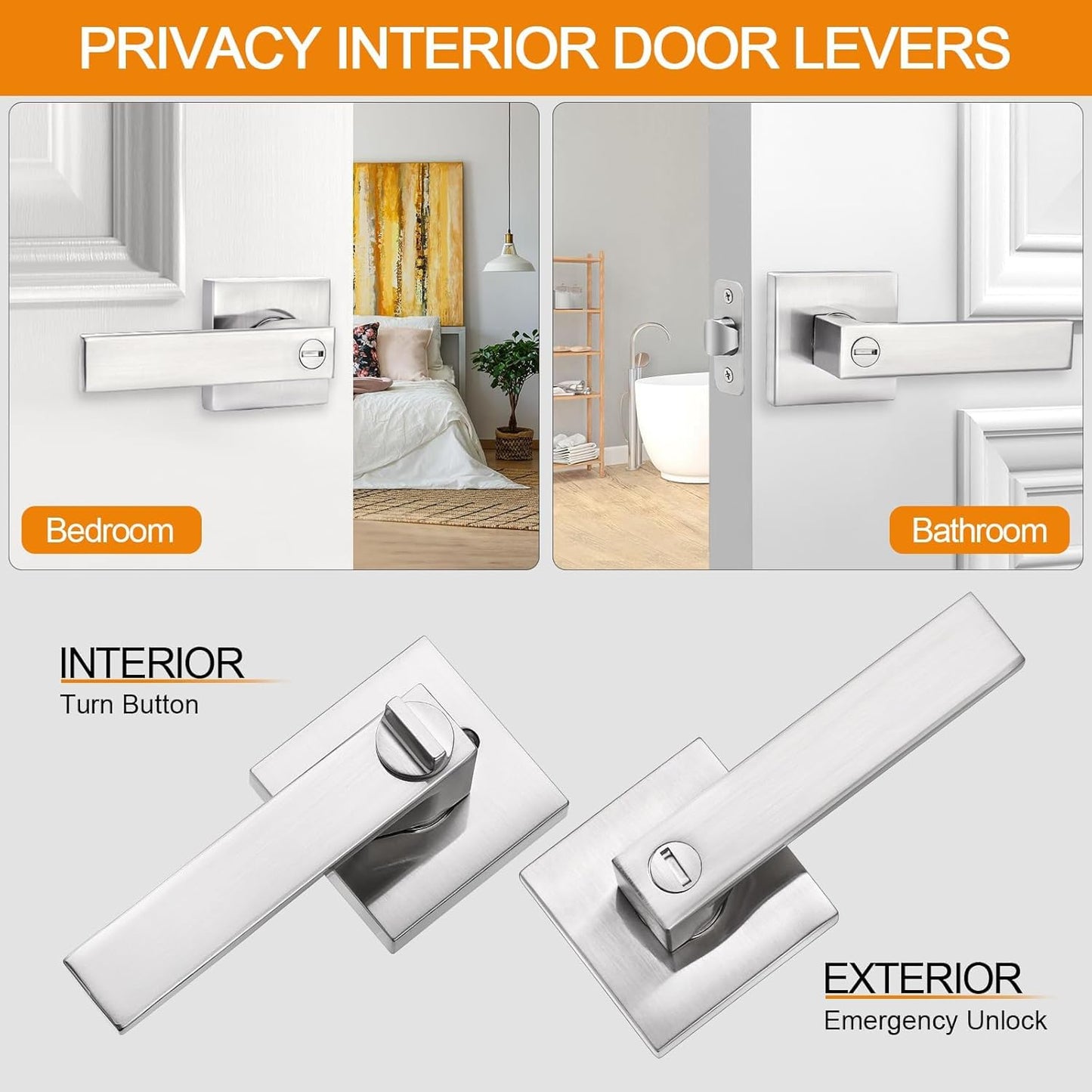 10 Pack Sopoby Privacy Door Levers with Keyless Interior Knobs - Heavy Duty Bedroom/Bathroom Locks in Satin Nickel