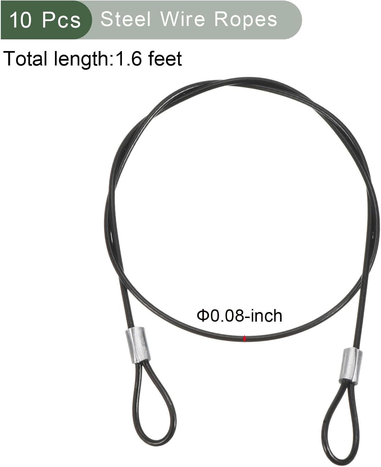 10 Pack Stainless Steel Safety Cable Locks for Home Security - Double Loop Wire Ropes for Doors, Fences - Black, 2ft, 2mm Diameter