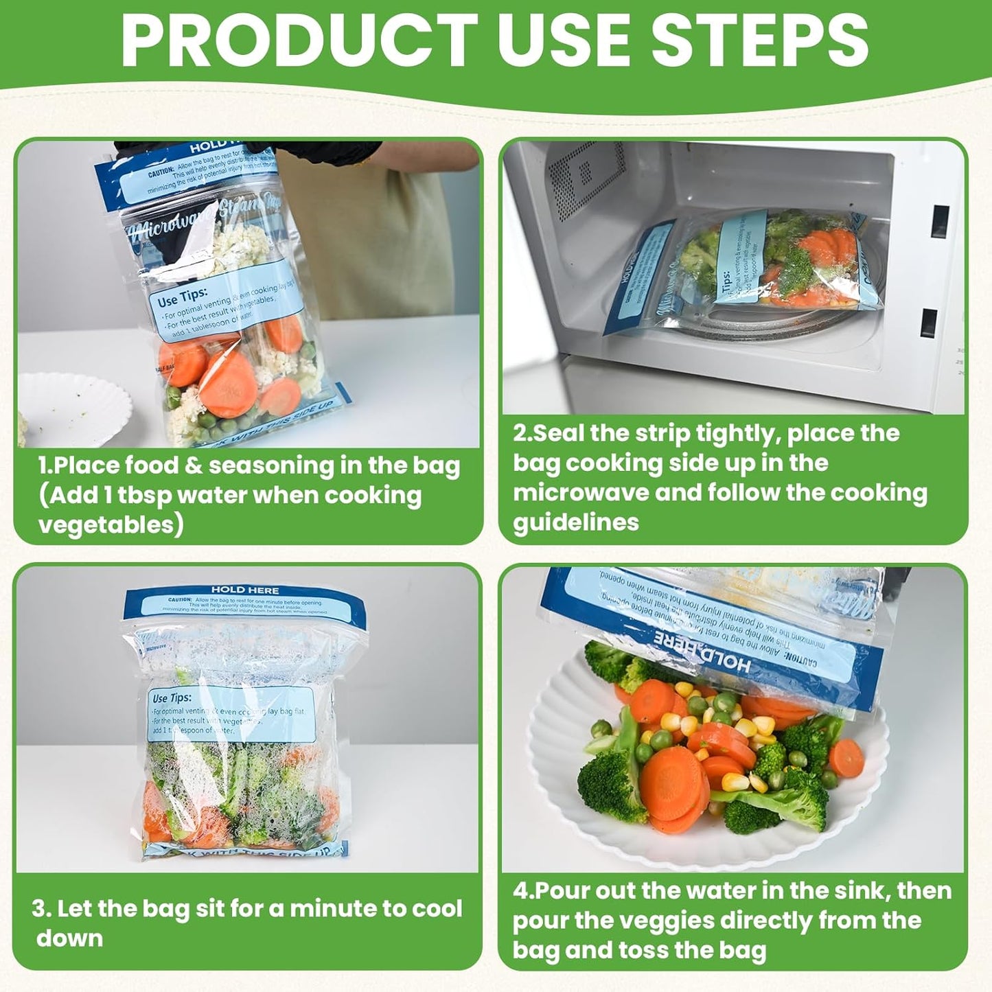 10 Pack TMEDW Steam Cooking Bags for Vegetables, Seafood, and Meat - Microwave and Freezer Safe