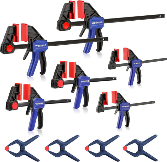 10-Pack WORKPRO Woodworking Bar Clamps Set - Includes Mini, Light Duty, Wood, and Spring Clamps - F Clamps with Load Limit