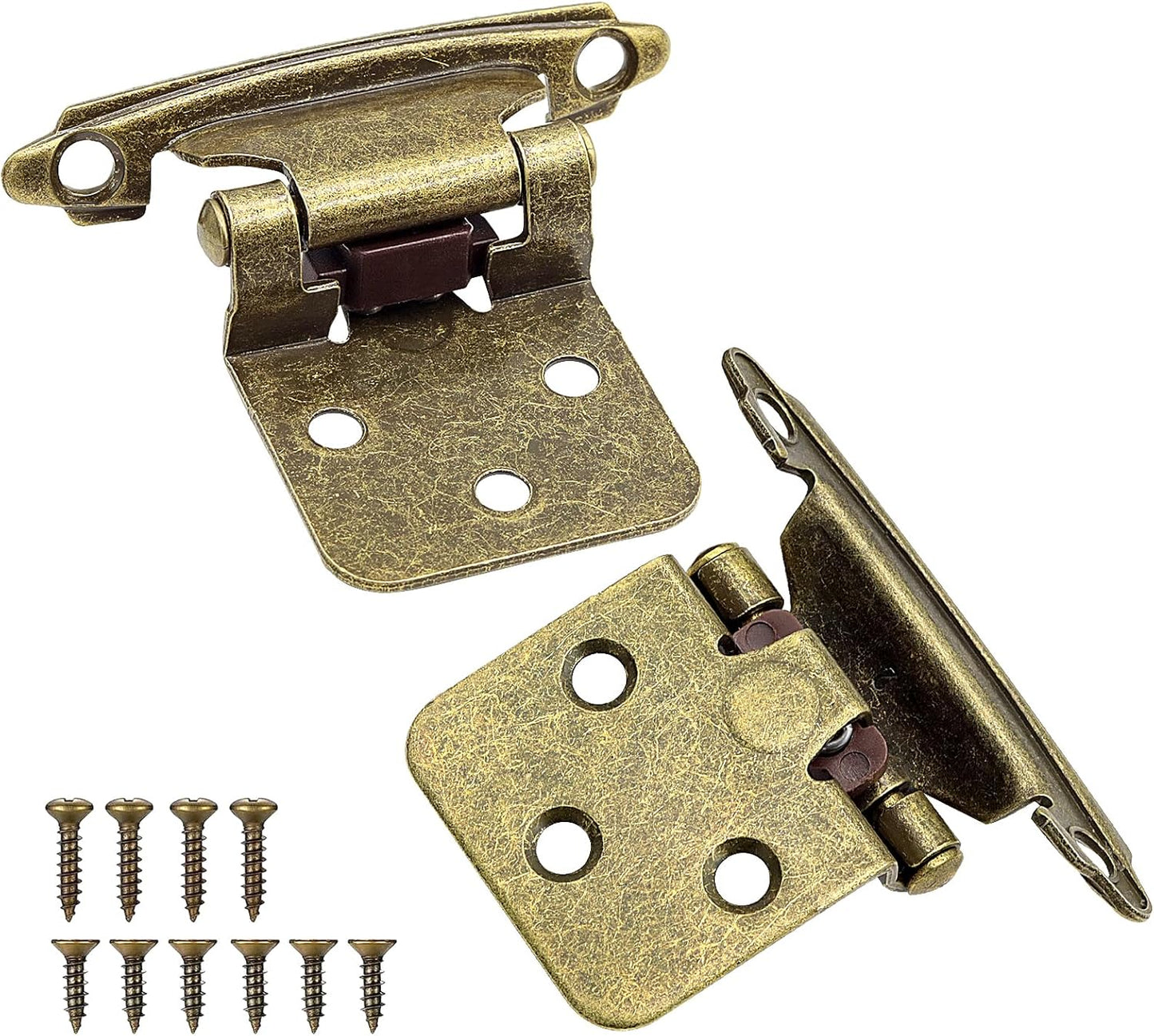 10 Pair Antique Brass Cabinet Hinges for Kitchen Cabinets - 1/2" Overlay, Self Closing Flush Mount Hinges with Upgraded Screws - Set of 20