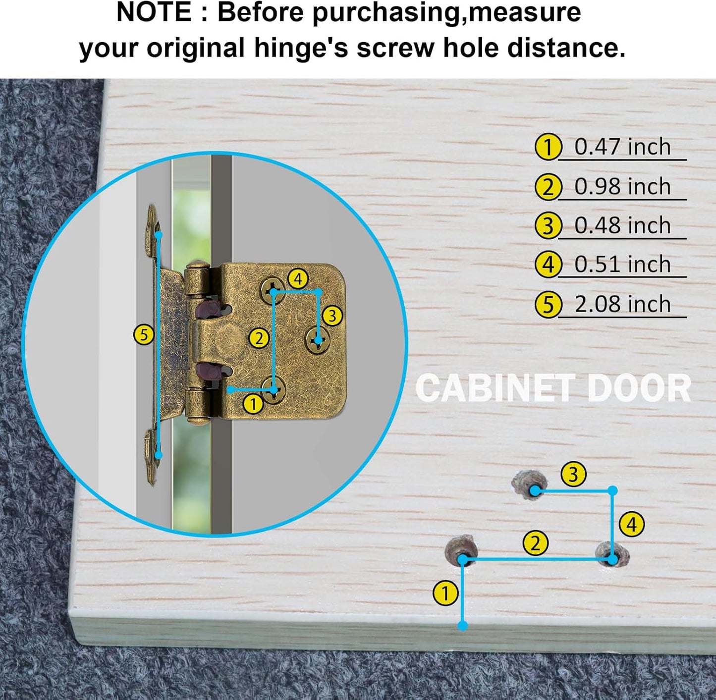 10 Pair Antique Brass Cabinet Hinges for Kitchen Cabinets - 1/2" Overlay, Self Closing Flush Mount Hinges with Upgraded Screws - Set of 20