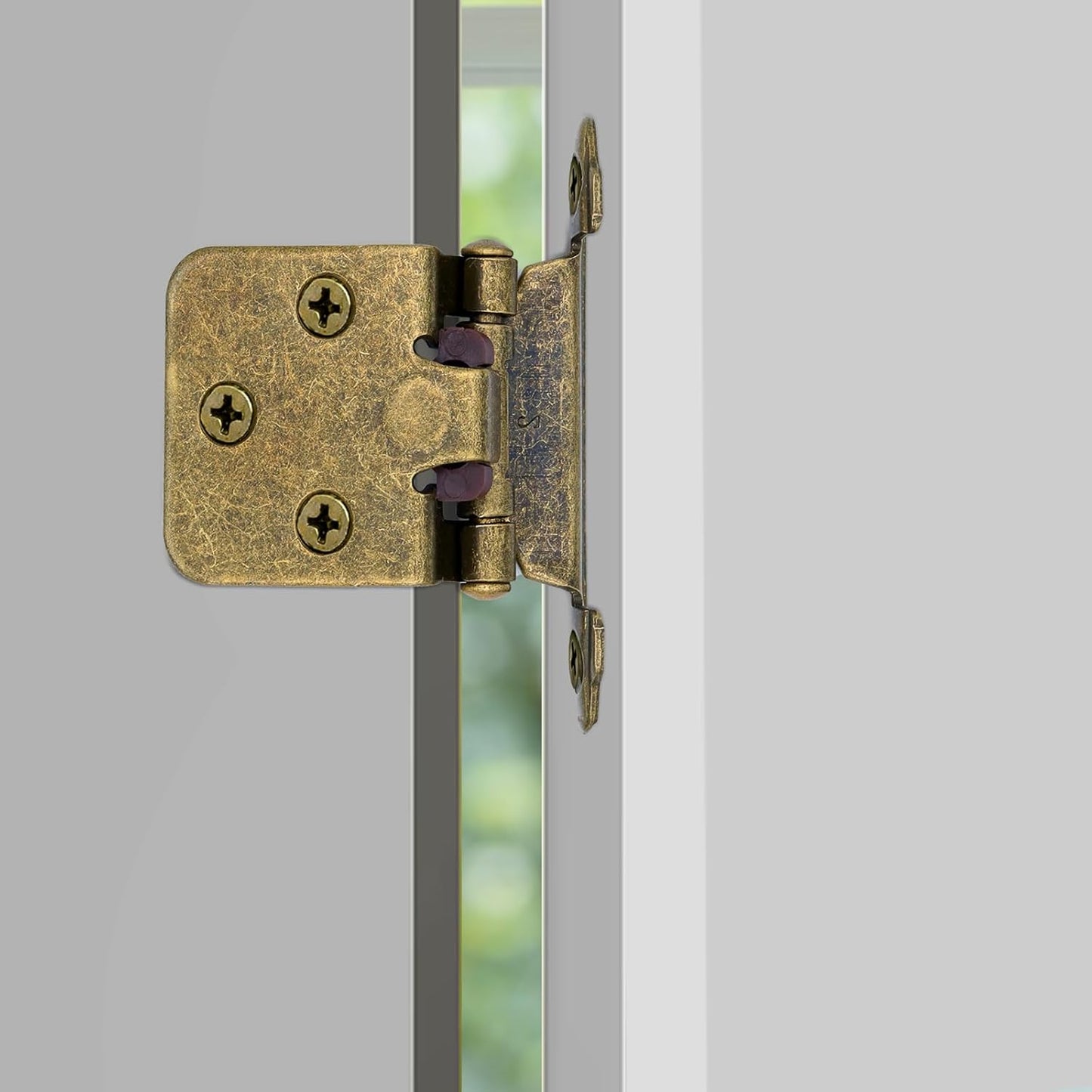 10 Pair Antique Brass Cabinet Hinges for Kitchen Cabinets - 1/2" Overlay, Self Closing Flush Mount Hinges with Upgraded Screws - Set of 20