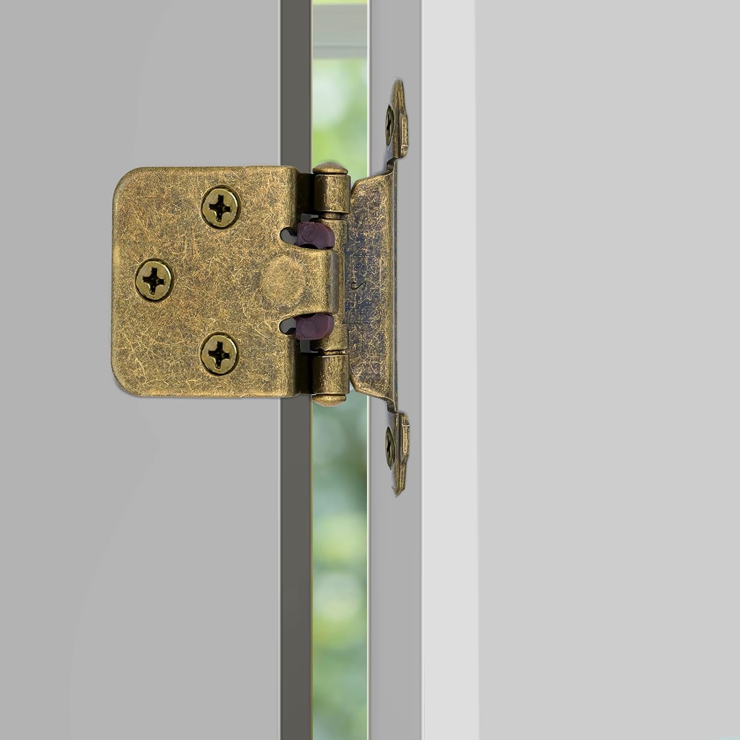 10 Pair Antique Brass Cabinet Hinges for Kitchen Cabinets - 1/2" Overlay, Self Closing Flush Mount Hinges with Upgraded Screws - Set of 20