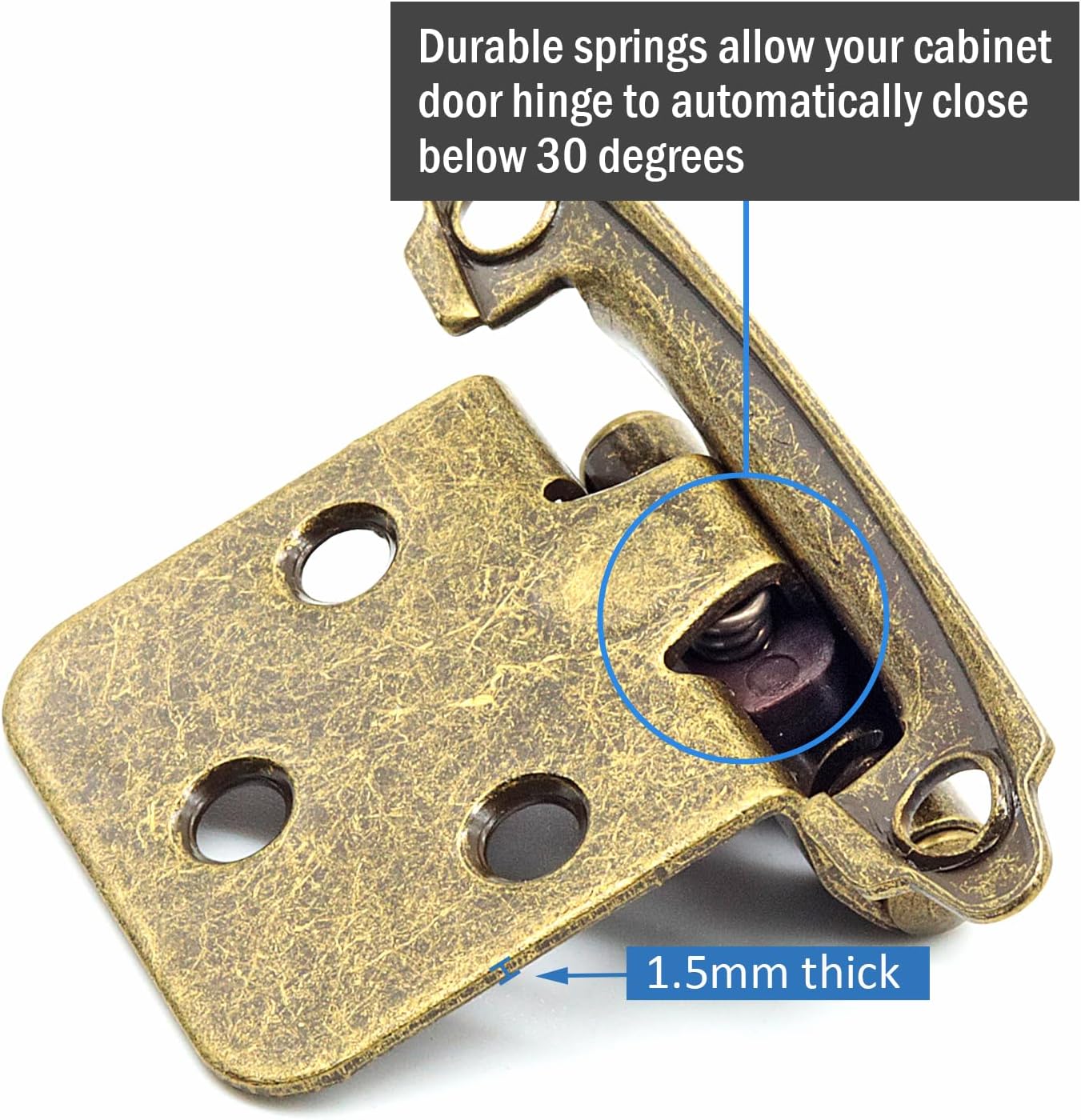10 Pair Antique Brass Cabinet Hinges for Kitchen Cabinets - 1/2" Overlay, Self Closing Flush Mount Hinges with Upgraded Screws - Set of 20