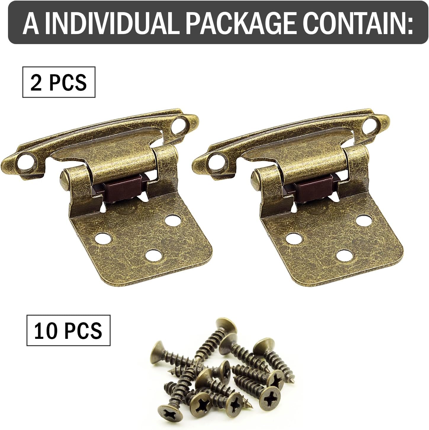 10 Pair Antique Brass Cabinet Hinges for Kitchen Cabinets - 1/2" Overlay, Self Closing Flush Mount Hinges with Upgraded Screws - Set of 20