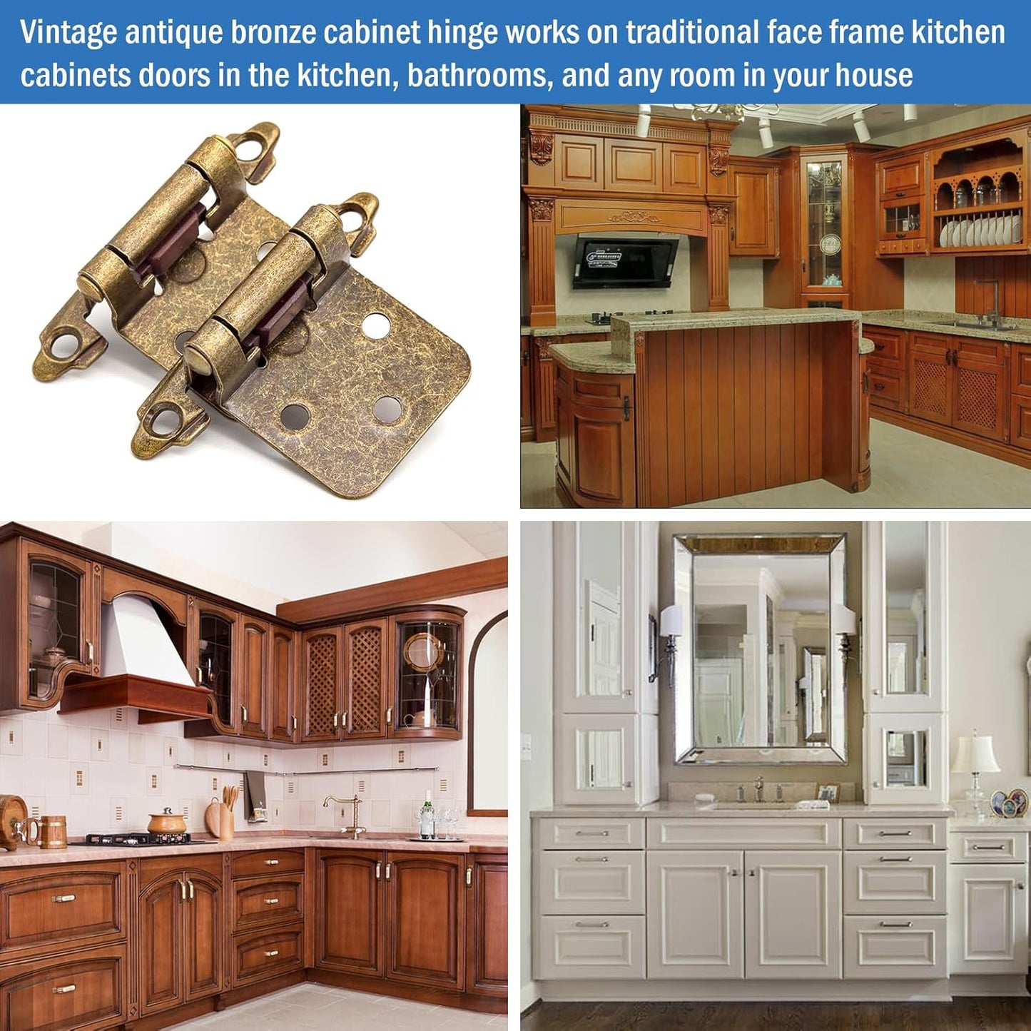 10 Pair Antique Brass Cabinet Hinges for Kitchen Cabinets - 1/2" Overlay, Self Closing Flush Mount Hinges with Upgraded Screws - Set of 20