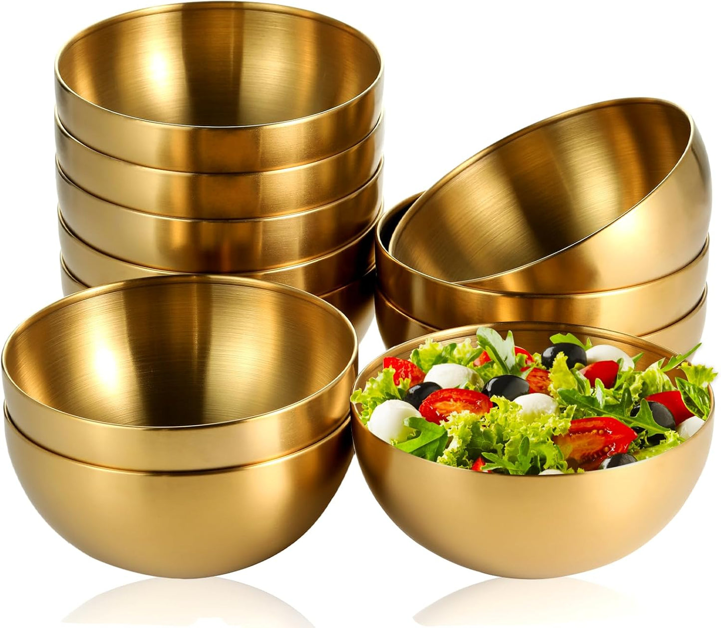 10 Pcs Gold Stainless Steel Mixing Bowls Set - Double Wall Salad, Soup, Fruit, and Cereal Bowls for Cooking and Baking
