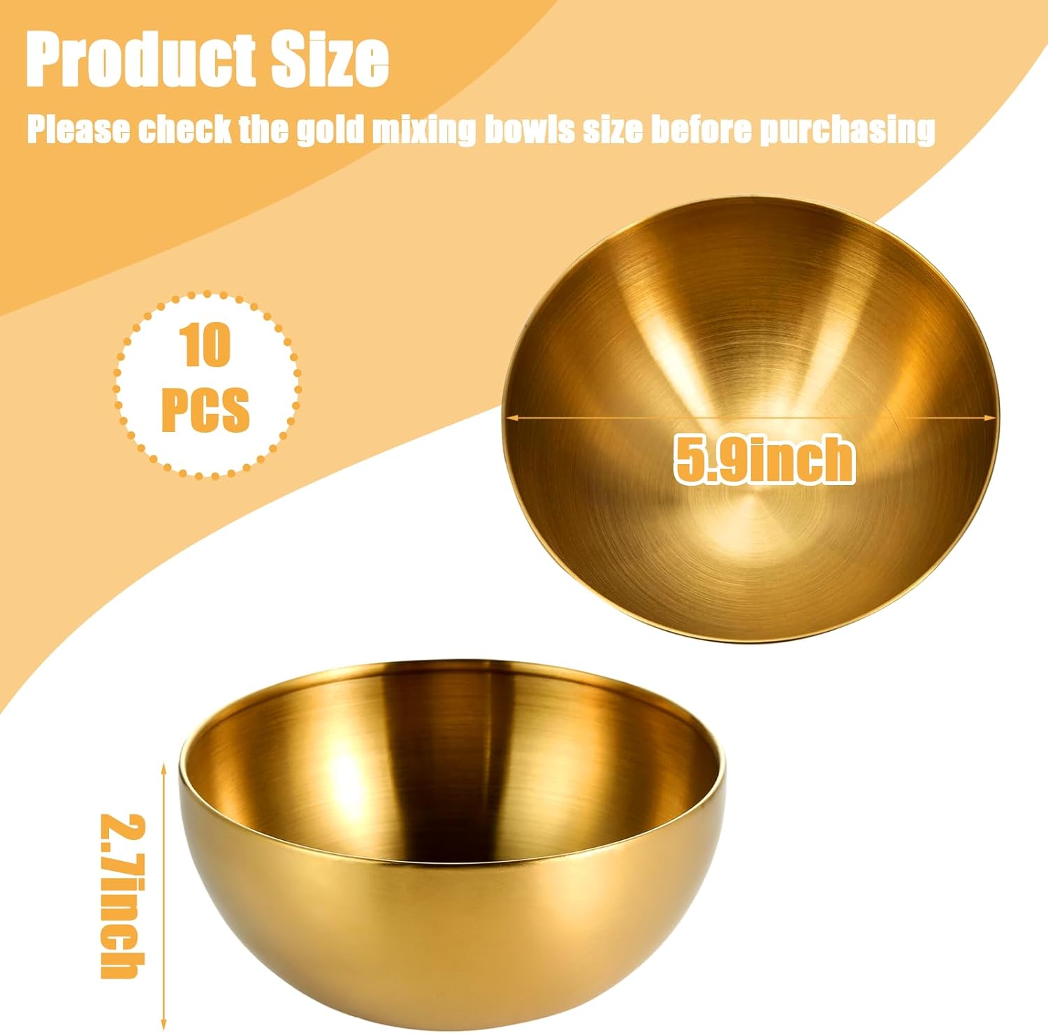 10 Pcs Gold Stainless Steel Mixing Bowls Set - Double Wall Salad, Soup, Fruit, and Cereal Bowls for Cooking and Baking