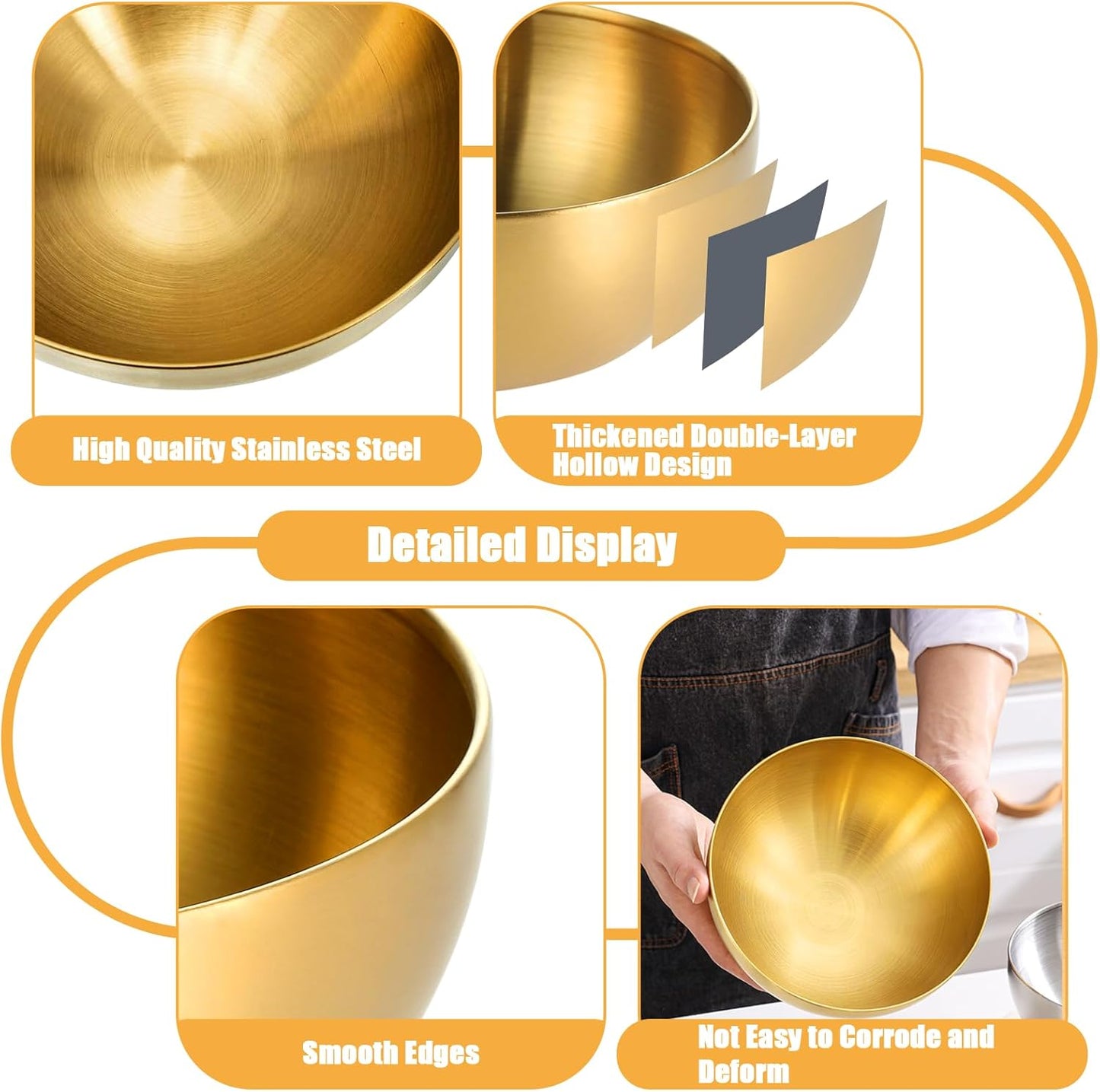10 Pcs Gold Stainless Steel Mixing Bowls Set - Double Wall Salad, Soup, Fruit, and Cereal Bowls for Cooking and Baking
