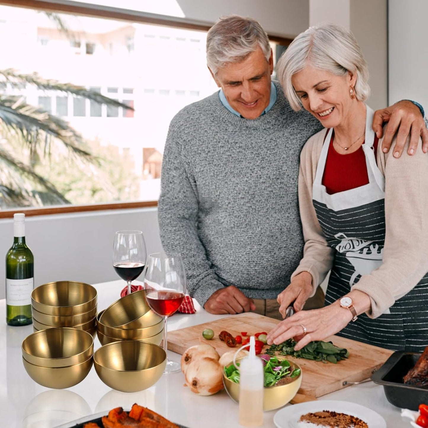 10 Pcs Gold Stainless Steel Mixing Bowls Set - Double Wall Salad, Soup, Fruit, and Cereal Bowls for Cooking and Baking