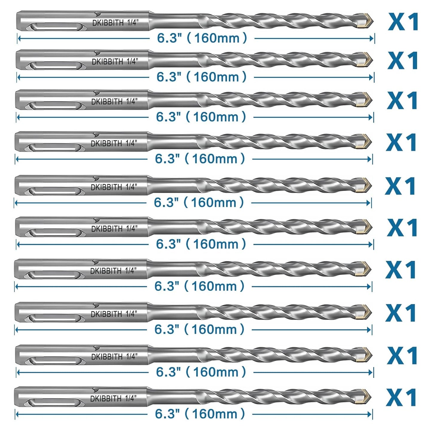 10-Piece 1/4” SDS Plus Drill Bits Set for Concrete, Cement, Tiles, Stone - Carbide Tipped, 6mm Diameter, 160mm Long