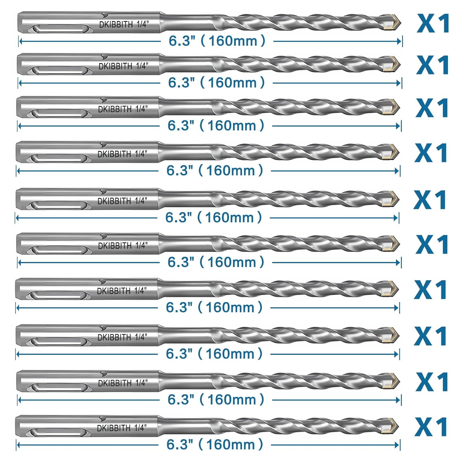 10-Piece 1/4” SDS Plus Drill Bits Set for Concrete, Cement, Tiles, Stone - Carbide Tipped, 6mm Diameter, 160mm Long