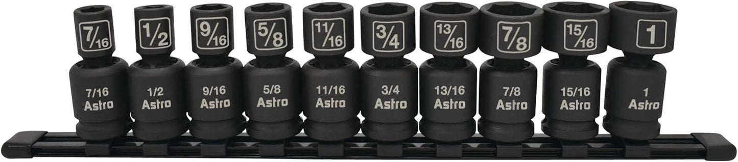10-Piece Astro Pneumatic Tool 78240 Pinless Universal Impact Sockets Set - 1/2" Drive, SAE Sizes
