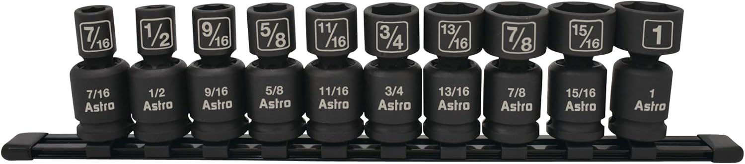 10-Piece Astro Pneumatic Tool 78240 Pinless Universal Impact Sockets Set - 1/2" Drive, SAE Sizes