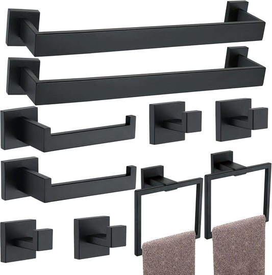 10-Piece Black Bathroom Hardware Set with Stainless Steel Towel Rack, Heavy Duty Square Bar, Wall Mounted