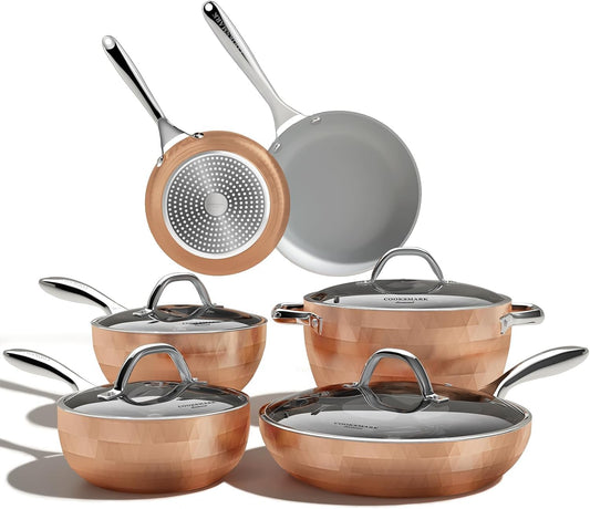 10-Piece Diamond Nonstick Ceramic Induction Cookware Set with Scratch-Resistant Copper Pots and Pans, Oven/Dishwasher Safe