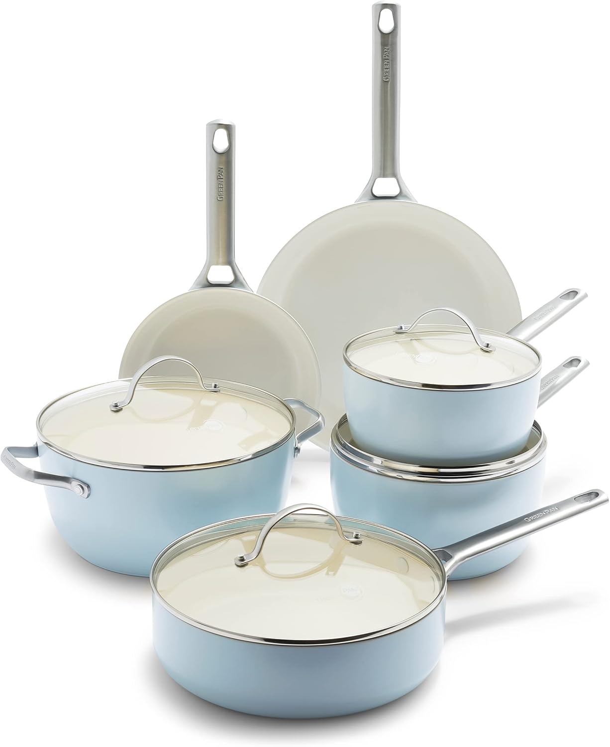 10 Piece GreenPan Padova Hard Anodized Ceramic Nonstick Cookware Set, PFAS-Free, Dishwasher Safe - Light Blue