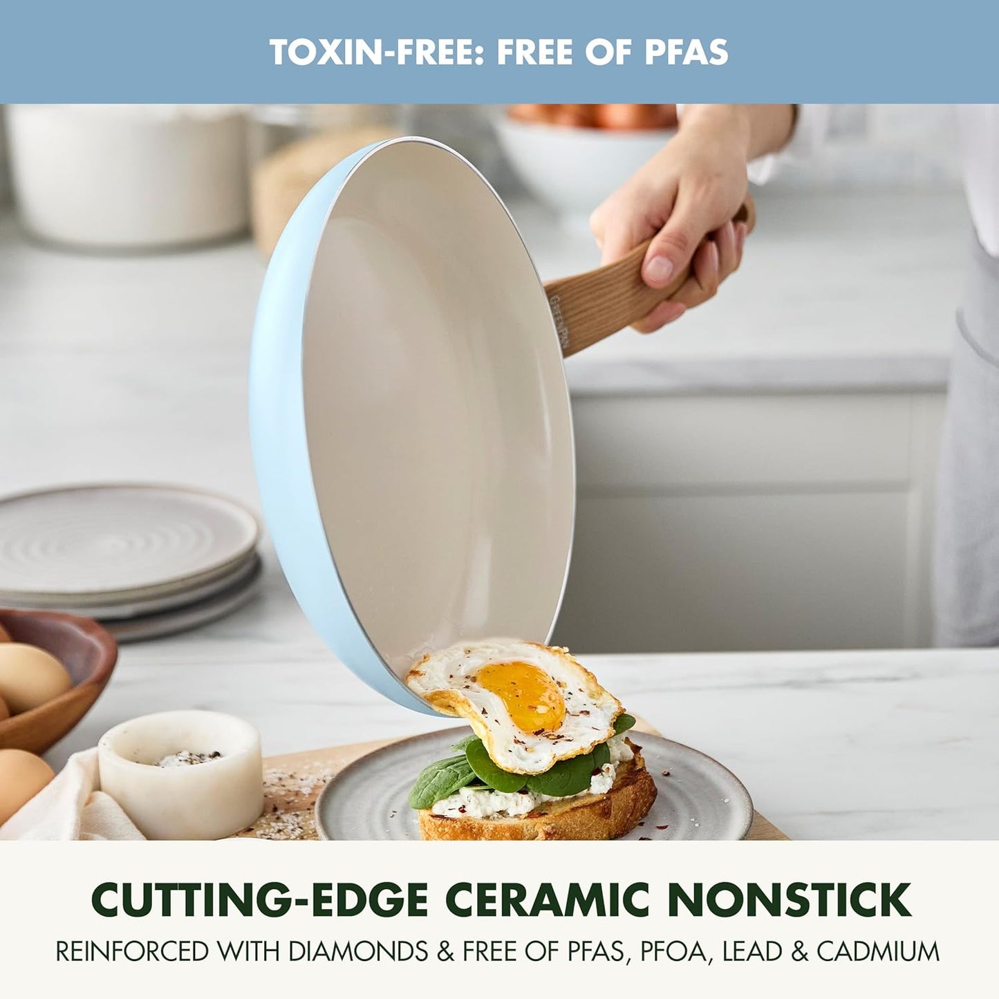 10-Piece GreenPan Rio Essence Wood Cookware Set with Healthy Ceramic Nonstick Coating - PFOA & PFAS-Free, Induction Compatible, Dishwasher Safe - Blue