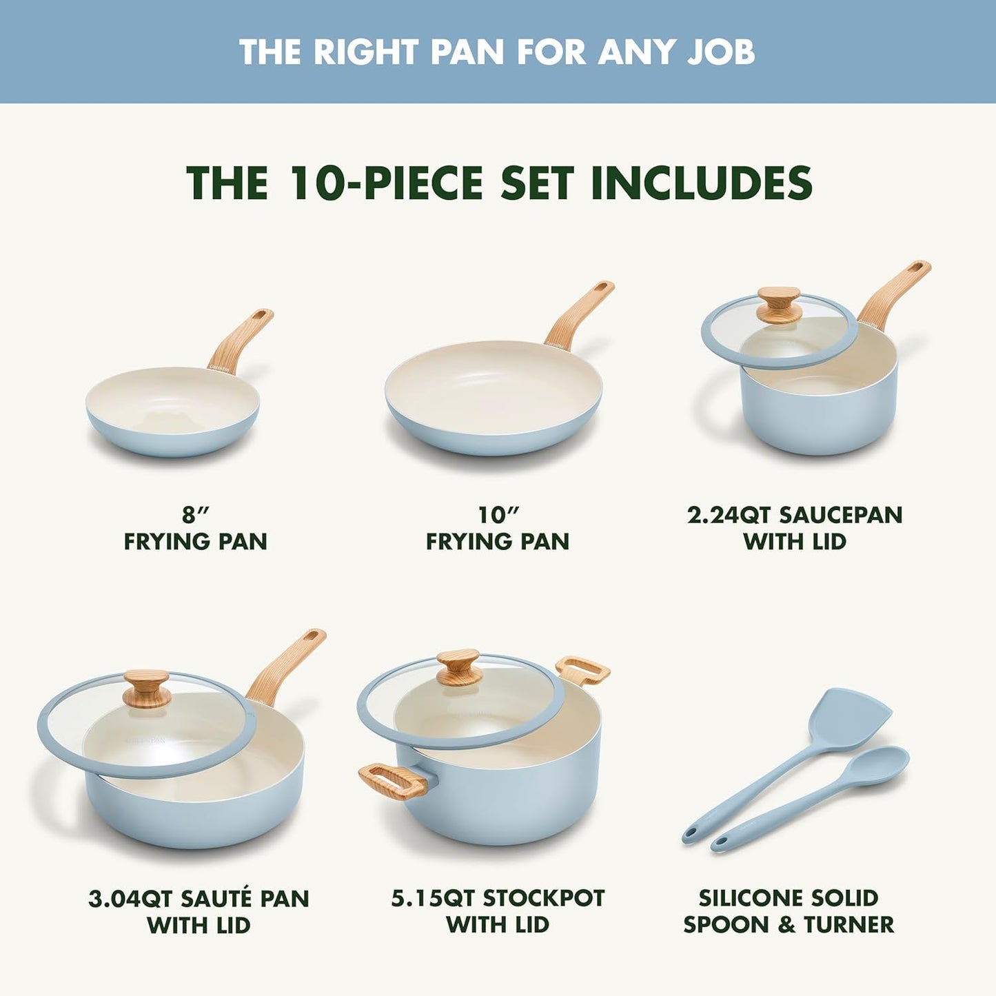 10-Piece GreenPan Rio Essence Wood Cookware Set with Healthy Ceramic Nonstick Coating - PFOA & PFAS-Free, Induction Compatible, Dishwasher Safe - Blue