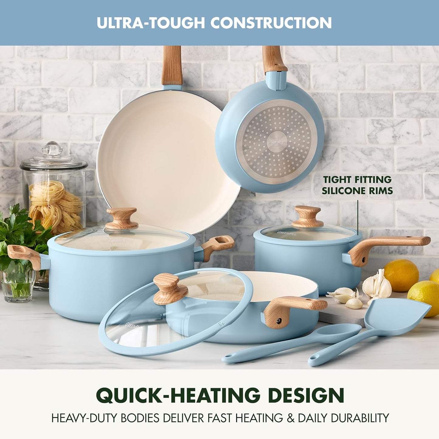 10-Piece GreenPan Rio Essence Wood Cookware Set with Healthy Ceramic Nonstick Coating - PFOA & PFAS-Free, Induction Compatible, Dishwasher Safe - Blue