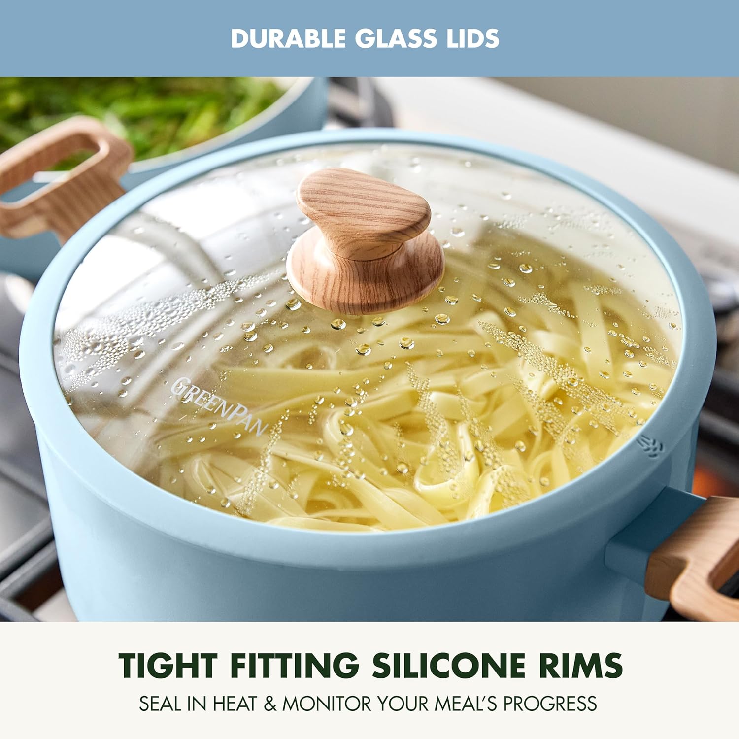 10-Piece GreenPan Rio Essence Wood Cookware Set with Healthy Ceramic Nonstick Coating - PFOA & PFAS-Free, Induction Compatible, Dishwasher Safe - Blue